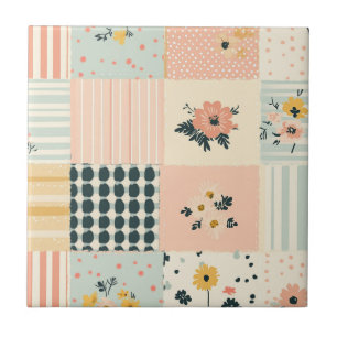 Cottagecore Coral Pastel Floral Patchwork Quilt Ceramic Tile