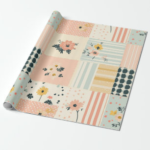 Cottagecore Coral Pastel Floral Patchwork Quilt Wrapping Paper