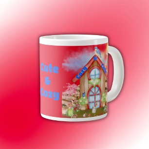Cottagecore Cosy & Cute colourful on red Large Coffee Mug