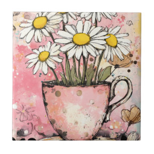 Cottagecore Daisy Bouquet in a Blush Teacup Ceramic Tile