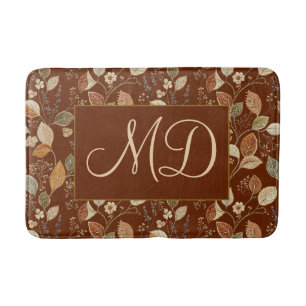 Cottagecore Embroidered Botanical Rust Brown Bath Mat