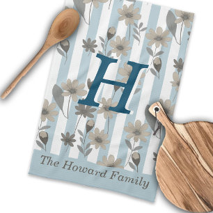 Cottagecore Fall Floral Stripes Custom Monogram Tea Towel