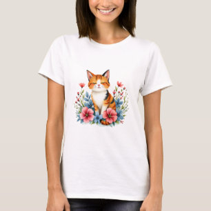 Cottagecore Floral Cat Serene Feline Botanical Art T-Shirt