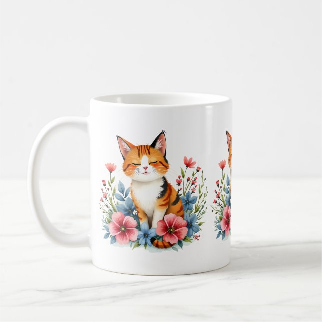 Cottagecore Floral Cat Serene Feline Botanical Coffee Mug (Left)