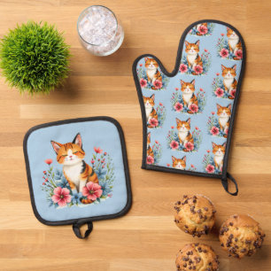 Cottagecore Floral Cat Serene Feline Botanical Oven Mitt & Pot Holder Set