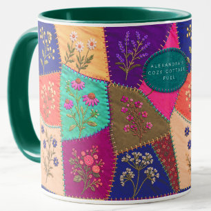 Cottagecore Floral Patchwork Quilt Embroidery Mug