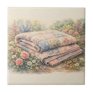 Cottagecore Floral Patchwork Quilt Watercolor Ceramic Tile