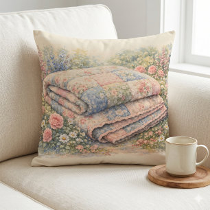 Cottagecore Floral Patchwork Quilt Watercolor Cushion