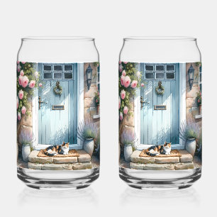 Cottagecore Floral Porch with Calico Cat Can Glass