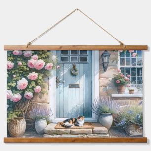 Cottagecore Floral Porch with Calico Cat Hanging Tapestry