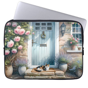 Cottagecore Floral Porch with Calico Cat Laptop Sleeve