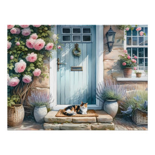 Cottagecore Floral Porch with Calico Cat Poster