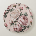 Cottagecore Floral Romantic Vintage Peony Round Cushion<br><div class="desc">Step into a dreamy, nostalgic world with our Romantic Vintage Peony design. This delicate, blush-pink background is adorned with lush, watercolor-style peonies and buds in shades of dusty rose, cream, and soft mauve, framed by deep sage green leaves. Inspired by the cozy, comforting aesthetic of cottagecore and grandmillennial styles, this...</div>