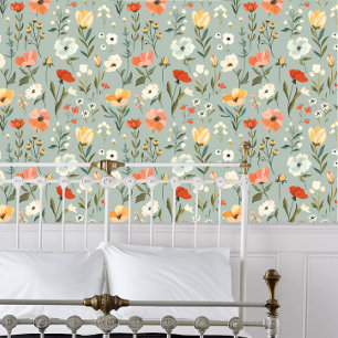 Cottagecore Flowers on Sage Green Wallpaper