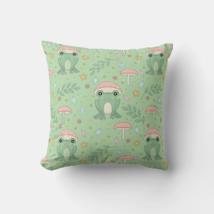 Cottagecore Frog and Mushroom Throw Pillow 