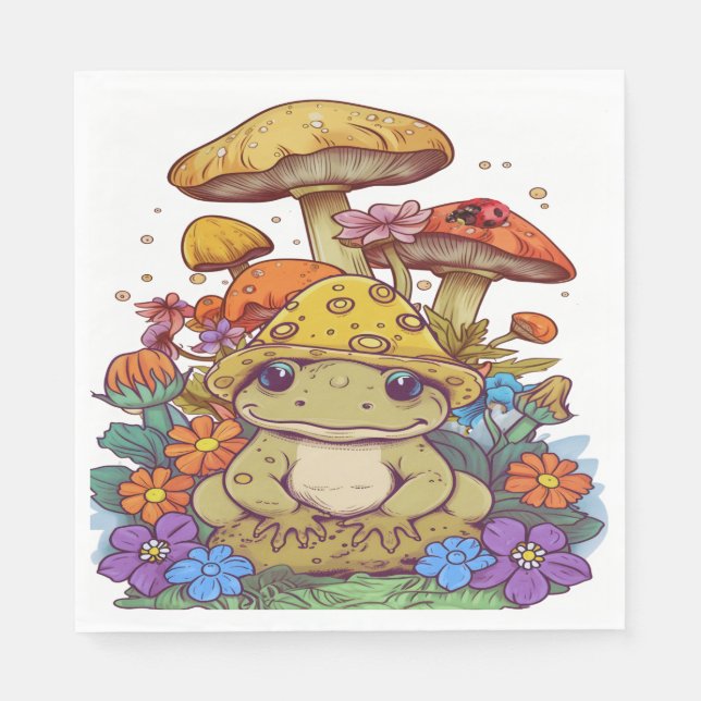 Cottagecore Frog Flowers Mushrooms Napkin (Front)