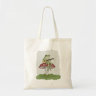 Cottagecore Frog Playing Guitar on Mushroom Art Tote Bag