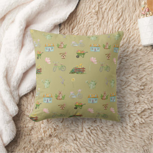 Cottagecore Garden Watercolor Collage with Bicycle Cushion
