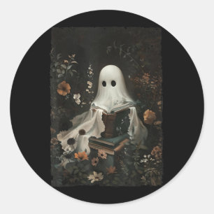 Cottagecore Ghost Reading Book Floral Halloween Classic Round Sticker