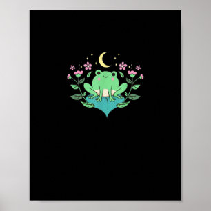 Cottagecore Goblincore Moon Flowers Forest Frog Mu Poster