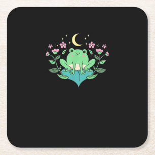 Cottagecore Goblincore Moon Flowers Forest Frog Mu Square Paper Coaster