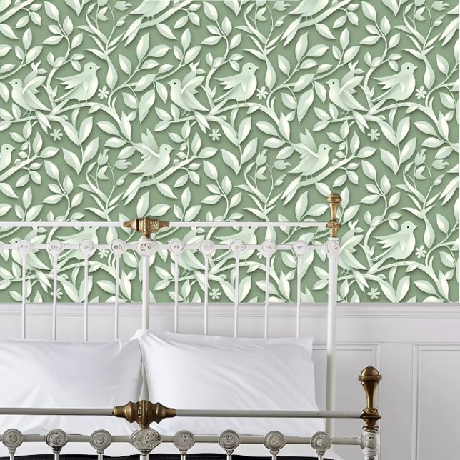 Cottagecore Green Papercut Birds Wallpaper (Cottagecore Green Papercut Birds Wallpaper behind a white metal framed bed.)