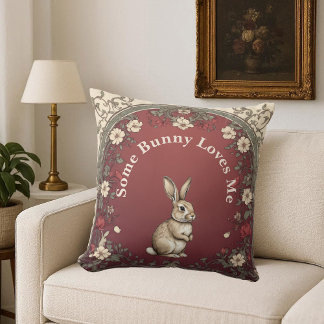Cottagecore Greenery Burgundy Some Bunny Loves Me  Cushion