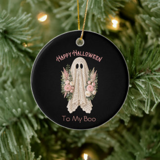 Cottagecore Happy Halloween Ghost Ceramic Ornament