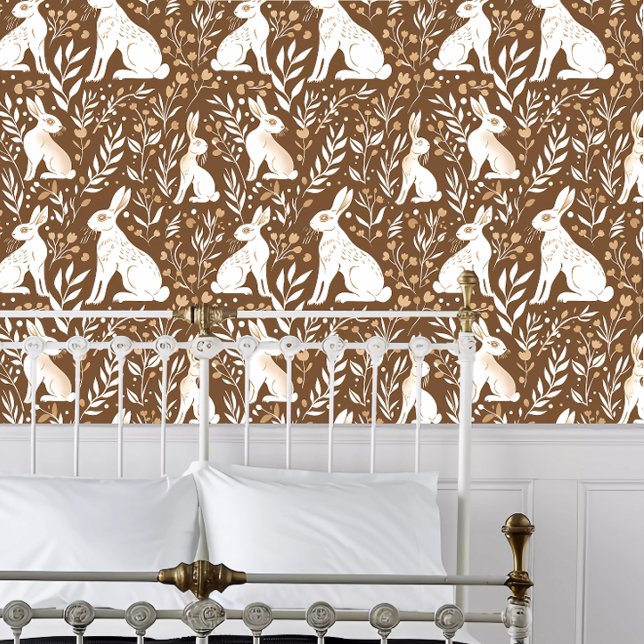 Cottagecore Hares Wallpaper (Cottagecore Hares Wallpaper behind a white metal bed frame. )