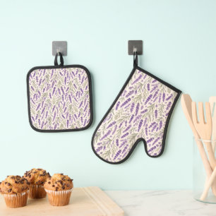 Cottagecore Lavender Sprig Botanical Oven Mitt & Pot Holder Set