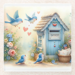 Cottagecore Love Letters Bluebird Mailbox Glass Coaster