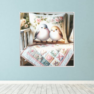 Cottagecore Lovebird Floral Quilt Scene Canvas Print