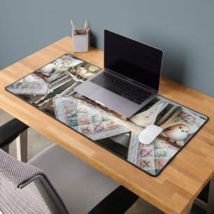 Cottagecore Lovebird Floral Quilt Scene Desk Mat