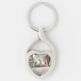 Cottagecore Lovebird Floral Quilt Scene Key Ring