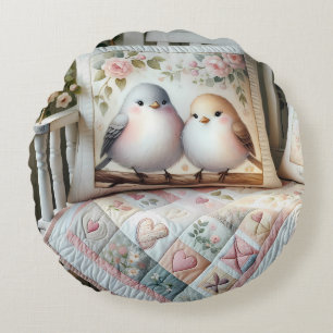 Cottagecore Lovebird Floral Quilt Scene Round Cushion