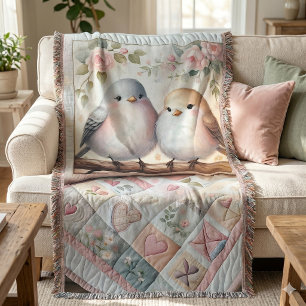 Cottagecore Lovebird Floral Quilt Scene Throw Blanket