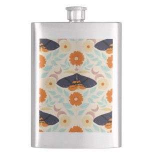 Cottagecore Moth Pattern Art Retro Floral Design Hip Flask