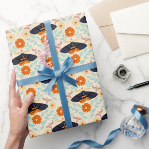 Cottagecore Moth Pattern Art   Retro Floral Design Wrapping Paper