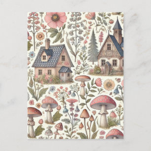 Cottagecore Mushroom and Floral Pattern Postcard