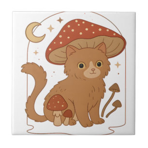 Cottagecore Mushroom Cat with Hat – Cute Vintage G Ceramic Tile