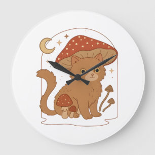 Cottagecore Mushroom Cat with Hat � Cute Vintage G Large Clock