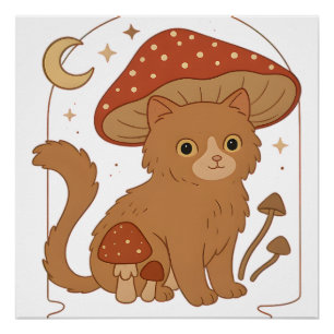 Cottagecore Mushroom Cat with Hat � Cute Vintage G Poster