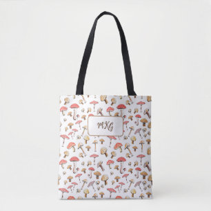 Cottagecore Mushroom Pattern Monogram Boho  Tote Bag