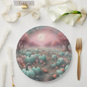 Cottagecore personalised Pink & Mint Pumpkin Patch Paper Plate