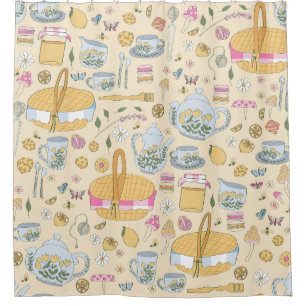 cottagecore picnic tea party mushrooms yellow shower curtain