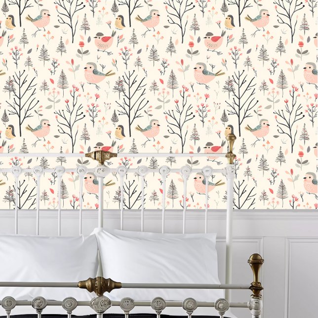 Cottagecore Pink Bird Wallpaper (Cottagecore Pink Bird Wallpaper behind a white metal framed bed.)