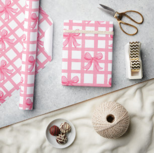 Cottagecore Pink Bows Plaid Watercolor Checkered Wrapping Paper