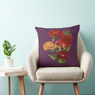 Cottagecore Poppies And Butterflies  Cushion