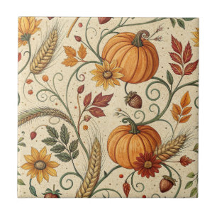 Cottagecore Pumpkin Patch Autumn Pattern Ceramic Tile