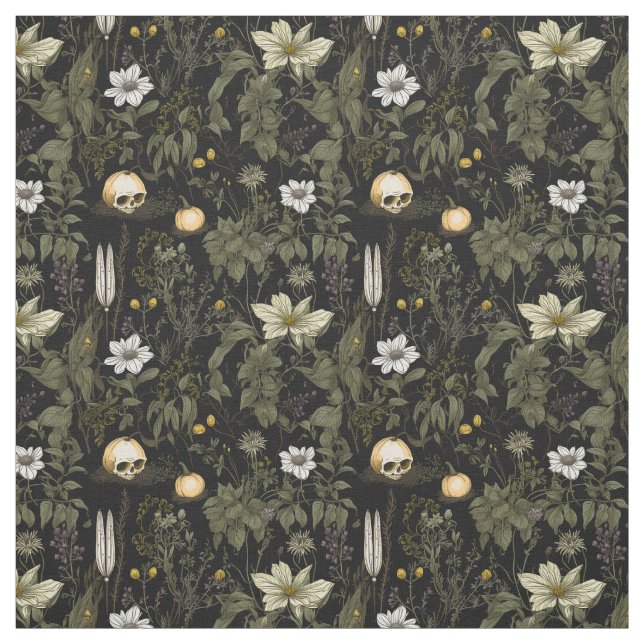 Cottagecore pumpkin skull print fabric (Swatch)